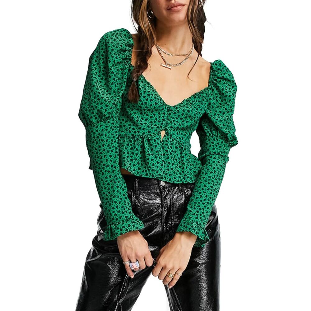 TOPSHOP HEART PRINT PUFF SLEEVE BLOUSE IN GREEN NWOT‎ WOMEN'S SIZE 8
